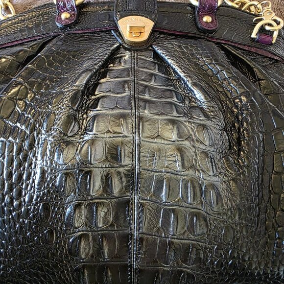 RARE Brahmin Adora Black & Purple Croc Embossed Leather Satchel Gold Chain - Picture 7 of 16